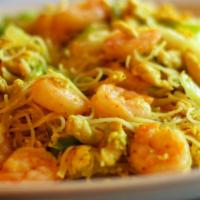Singapore Noodle · Hot and spicy. Spicy Stir fried thin rice noodles with chicken, shrimp, egg, cabbage and sca...