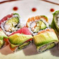 Rainbow Roll · Cucumber, Crabmeat, avocado, topped with raw fish & avocado.