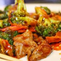 Broccoli · Stir fried chicken or beef with broccoli in brown sauce. Shrimp ($5 upcharge)