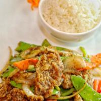 Black Pepper · Peppered chicken or beef with Onion, carrots, baby corn and scallions with black pepper sauc...