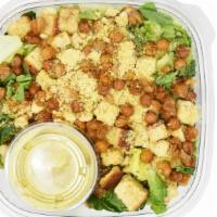 Hail Vegan Chickpea Caesar Salad · Vegan and dairy free. Romaine lettuce, black kale, gluten-free croutons  , vegan cheese vega...