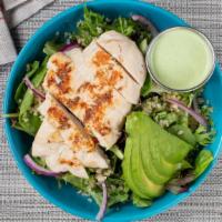 Quinoa And Chicken Salad · Gluten free. Quinoa with roasted chicken breast, spring greens, sliced avocado and red onion...