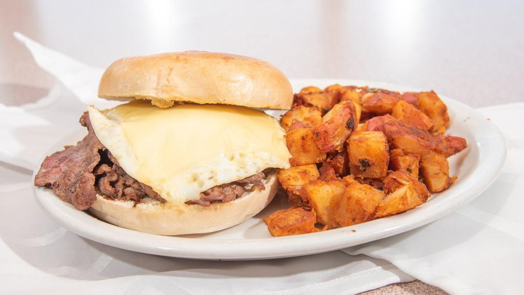 Steak, Egg & Cheese Bagel Sandwich · Shaved Steak cooked to order with an over-hard egg and American cheese on a toasted bagel. Includes home fries.