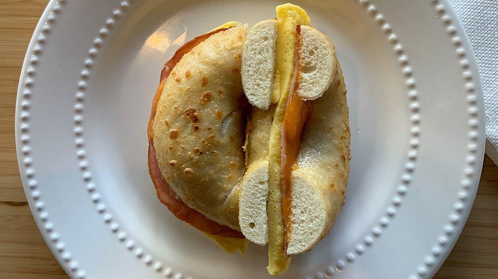 Canadian Eggel  · Your choice of bagel, egg omelet, ham + cheddar.