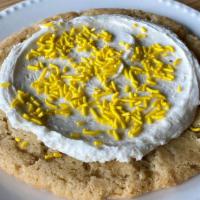 Frosted Lemon Snickerdoodle (V) · Our vegan Snickerdoodle with a vegan lemon cream cheese frosting = tart + YUM.