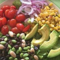 Southwest Salad · Romaine, red onions, grape tomatoes, avocado, 3-bean salad, and corn with chipotle ranch dre...