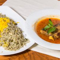 Baghali Polo Lamb Shank(Tues+Sun) · Basmati mixed with Dill weed , and fava beans served with  lamb shank cooked in garlic and t...