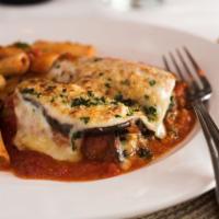Melanzana Arrivederci · New version of eggplant parmigiana. Rolled eggplant filled with spinach and four kinds of ch...