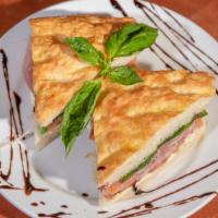 Caprese Sandwich · Prosciutto, fresh mozzarella, sliced tomato, basil and balsamic glaze.