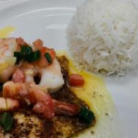Fish & Shrimp Scampy · 6oz blackened tilapia filet topped with two jumbo shrimp, a garlic butter sauce, tomato, and...