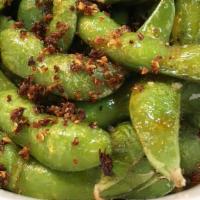 Spicy Edamame · Steamed soy bean in a spicy Thai chili sauce.