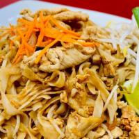 Chicken Pad-Thai · Rice stick noodles stir fried with chicken, bean sprouts, egg, red tofu, and scallions. Mixe...