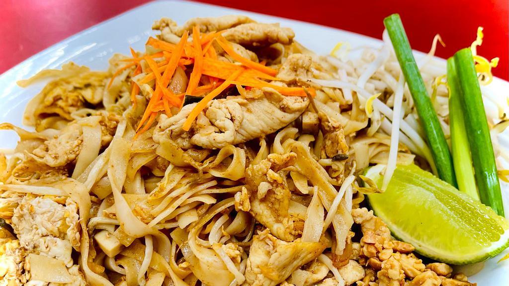 Chicken Pad-Thai · Rice stick noodles stir fried with chicken, bean sprouts, egg, red tofu, and scallions. Mixed with our special pad-thai sauce.