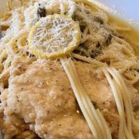 L Chicken Piccata · Sauteed with capers in a lemon white wine sauce served with spaghetti.