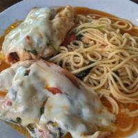 L Chicken Saltimbocca · Sauteed in marsala wine sauce topped with spinach, prosciutto and mozzarella served with spa...
