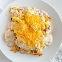 Papaw'S Plate · Two biscuits topped with sausage gravy, hash browns, scrambled eggs, Cheddar cheese, onion, ...