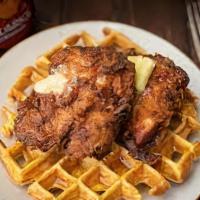 Chicken & Waffles · Four pieces of our award-winning, pecan-smoked fried chicken, on top of a fresh Belgian waff...