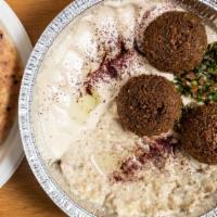 Mix Veggie Platter · Vegan. Hummus + baba ganoush + Arabian salad + 3 balls of falafel with one pita.