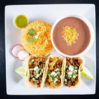 Street Tacos · Topped with cilantro and onion, chicken, steak, chorizo, carnitas, chicharron, vegetarian.