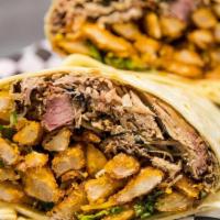 Pulled Pork Burrito · Flour Tortilla, Fries, (1/3 LB. Pulled Pork), Shredded Cheese, Cilantro, White Onions, & BBQ...