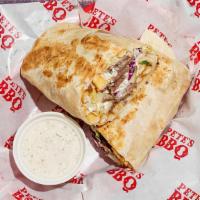 Lamb Burrito · Flour Tortilla, Fries, (1/3 Lamb Gyro), Lettuce, Red Onions, Tomatoes, Cucumbers , Feta Chee...