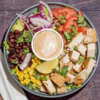 Bbq Chicken Salad · (1/3 LB. Chicken Breast), Corn, Black Beans, Tomatoes, Red Onions, Cucumbers, Cilantro, Lime...
