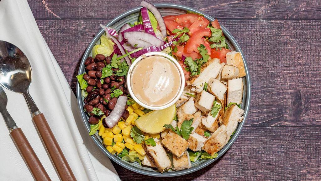 Bbq Chicken Salad · (1/3 LB. Chicken Breast), Corn, Black Beans, Tomatoes, Red Onions, Cucumbers, Cilantro, Lime, & BBQ Ranch