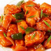 Chili Paneer · Gluten free. Paneer coated in corn starch then deep fried and sautéed in a fry pan topped wi...