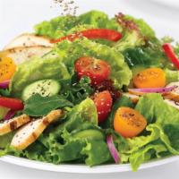 Chicken Garden Salad · Lettuce mix with tomato, cucumber, shredded carrot and onion served with grill chicken on th...