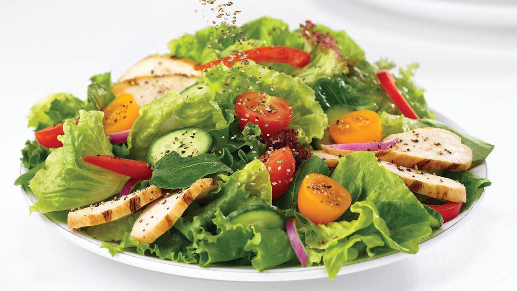 Chicken Garden Salad · Lettuce mix with tomato, cucumber, shredded carrot and onion served with grill chicken on the top.