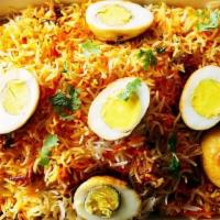 Egg Biryani · Gluten free. 3 boiled eggs cooked with basmati rice, yogurt, spices, herbs and flavored with...