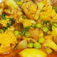 Aloo Matar & Gobi · Vegan, gluten free. Potatoes, peas and cauliflower cooked with Indian spice, garlic, ginger ...