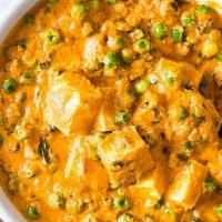 Matar Paneer · Gluten free. Homemade Indian cheese cooked with green peas, garlic, ginger.