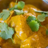 Chicken Korma · Gluten free. Tender pieces of chicken cooked with cashew nuts, coconuts, and heavy cream, ve...