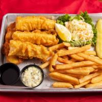 Irish Style Fish & Chips · Beer battered cod fillets served with fries, potato cake, coleslaw and tartar sauce.