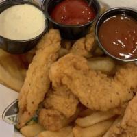 Chicken Fingers & Curly Fries · Traditional crispy chicken tenders lightly battered with your choice of dip.
