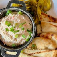 Smoked Whitefish Dip · House smoked whitefish, seasoned/grilled naan bread and house pickled jalapeños