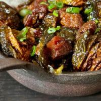 Brussels Sprouts · Tossed in Sweet Chili Sauce and Sesame Seeds with pork belly. (dairy free and gluten free)