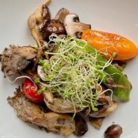 Roasted Mushrooms · Roasted Shiitake, cremini and oyster mushrooms, snow peas, sweet baby peppers, alfalfa sprou...