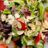 Strawberry Summer Salad · Strawberries, goat cheese, toasted almonds, red wine vinaigrette, mixed greens
gluten free