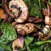 Spinach Salad · Fresh spinach, hard-boiled egg, red onion, sliced mushroom, Parmigiano tossed in a warm baco...