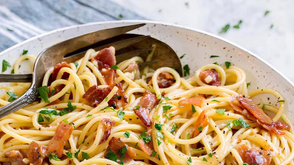 Carbonara · Pasta, eggs, cheese, onions, and pancetta come together in this ultimate Italian favorite. Your choice of spaghetti, fettuccine, or pappardelle.