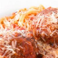 Spaghetti & Meatballs · Ground beef meatballs and Angelo's signature tomato sauce.