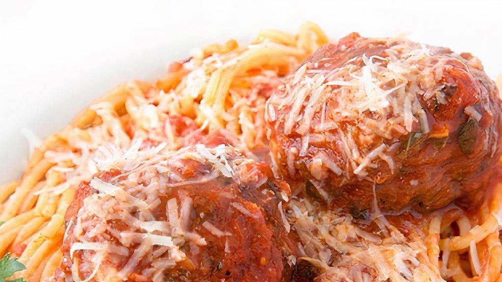 Spaghetti & Meatballs · Ground beef meatballs and Angelo's signature tomato sauce.