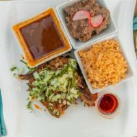 Beef Birria Plate · Beef birria with a side of consomme, rice, beans & three corn tortillas.