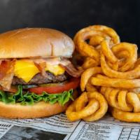 Crypto Burger · 7oz Burger Patty, American Cheese, Bacon, Cryptic Sauce, Lettuce, Tomato on a Grilled Brioch...