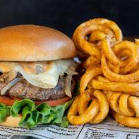 Blockchain Burger  · 7oz Burger Patty, Grilled Mushrooms & Onions, Swiss Cheese, Lettuce, Tomato, and Cryptic Sau...