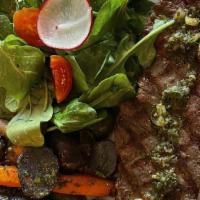 Chimichurri Steak (Skirt Steak) · Grilled steak, seasonal vegetables, chimichurri.