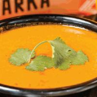 Madras Soup (V) (Gf) · Tomato-Coconut Soup cooked with Indian spices & finished with an aromatic tarka of onions, c...