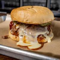 Tony Montana · SLAB version of a Cuban sammich. Pulled pork topped with sausage, pickles, queso and Gold Ru...